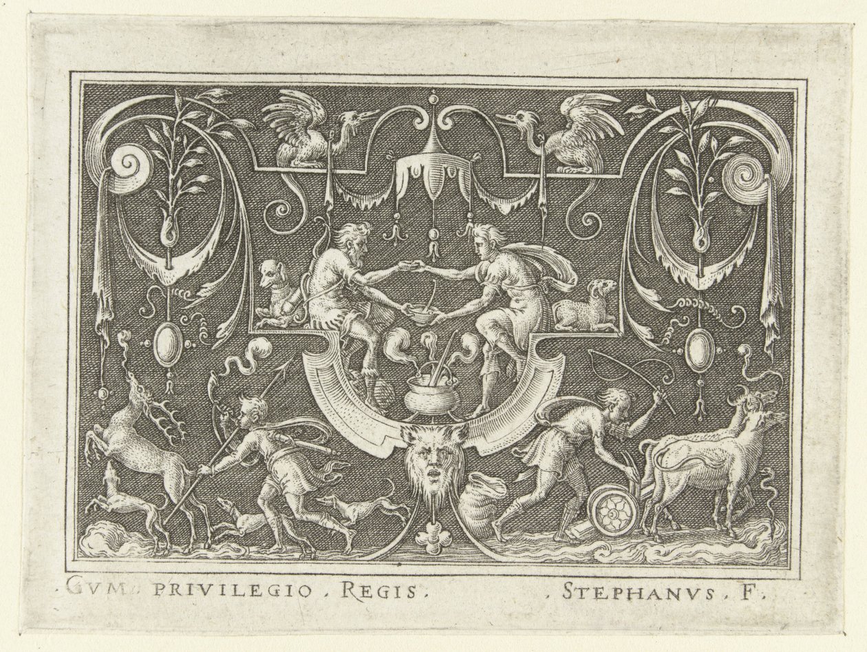 Esau verkauft sein Erstgeburtsrecht an Jakob (Dekorationen mit Szenen aus dem Alten Testament in einer grotesken Umrahmung) von Etienne Delaune