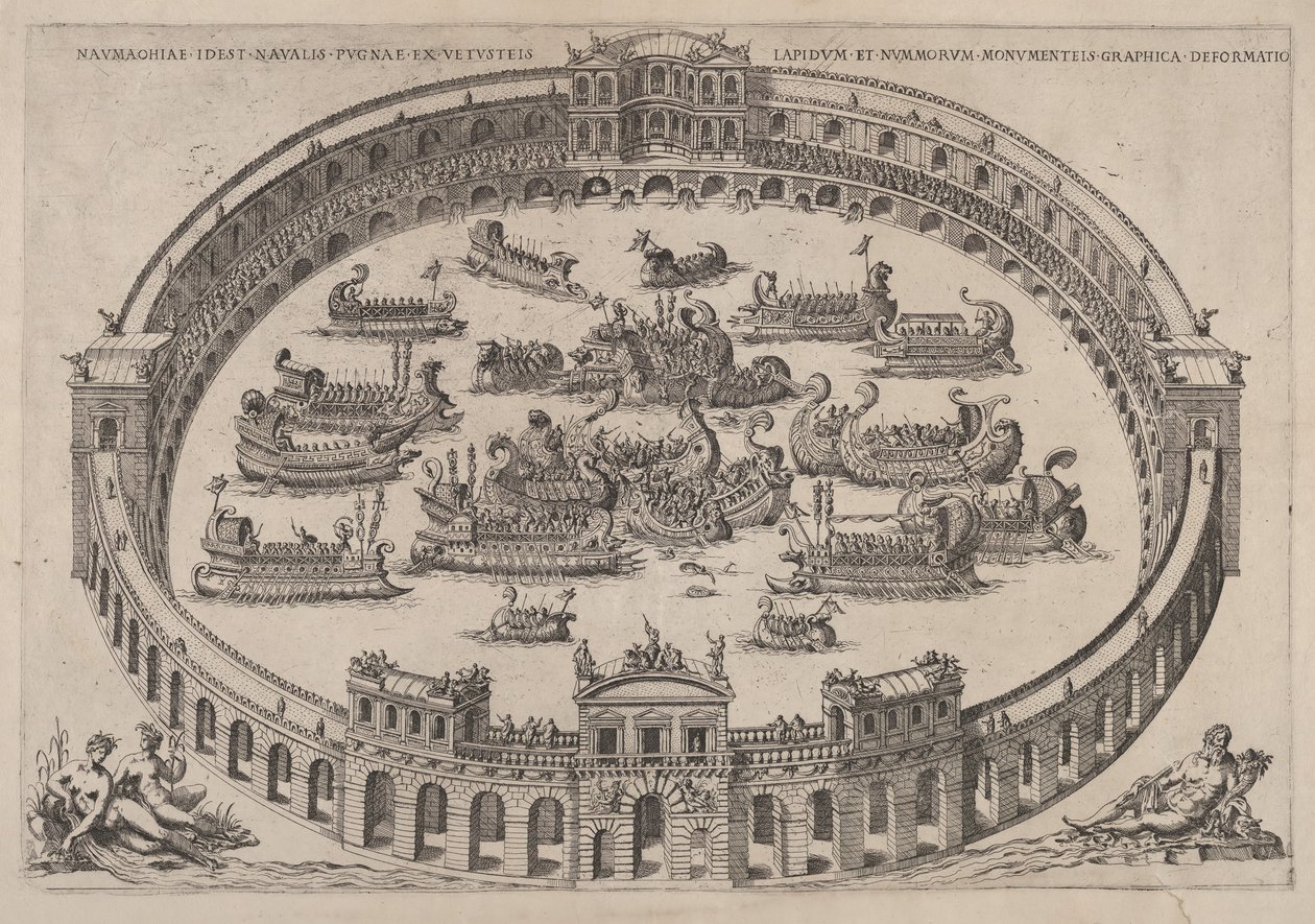 Seeschlacht in einem römischen Arena, mit dem Fluss Tiber und Nymphen unten links..., 1577-85 von Etienne Duperac