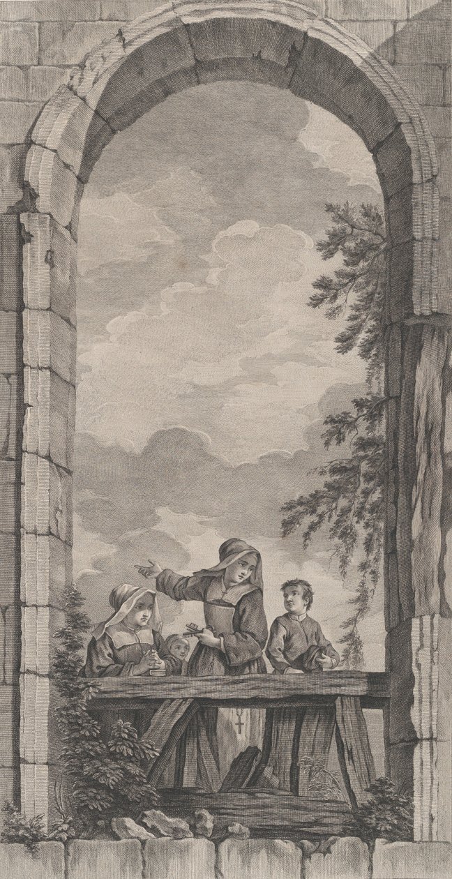 Die Kapelle der Enfants-Trouvés in Paris: Nonnen und Jungen betrachten die Krippe, 1757 von Etienne Fessard