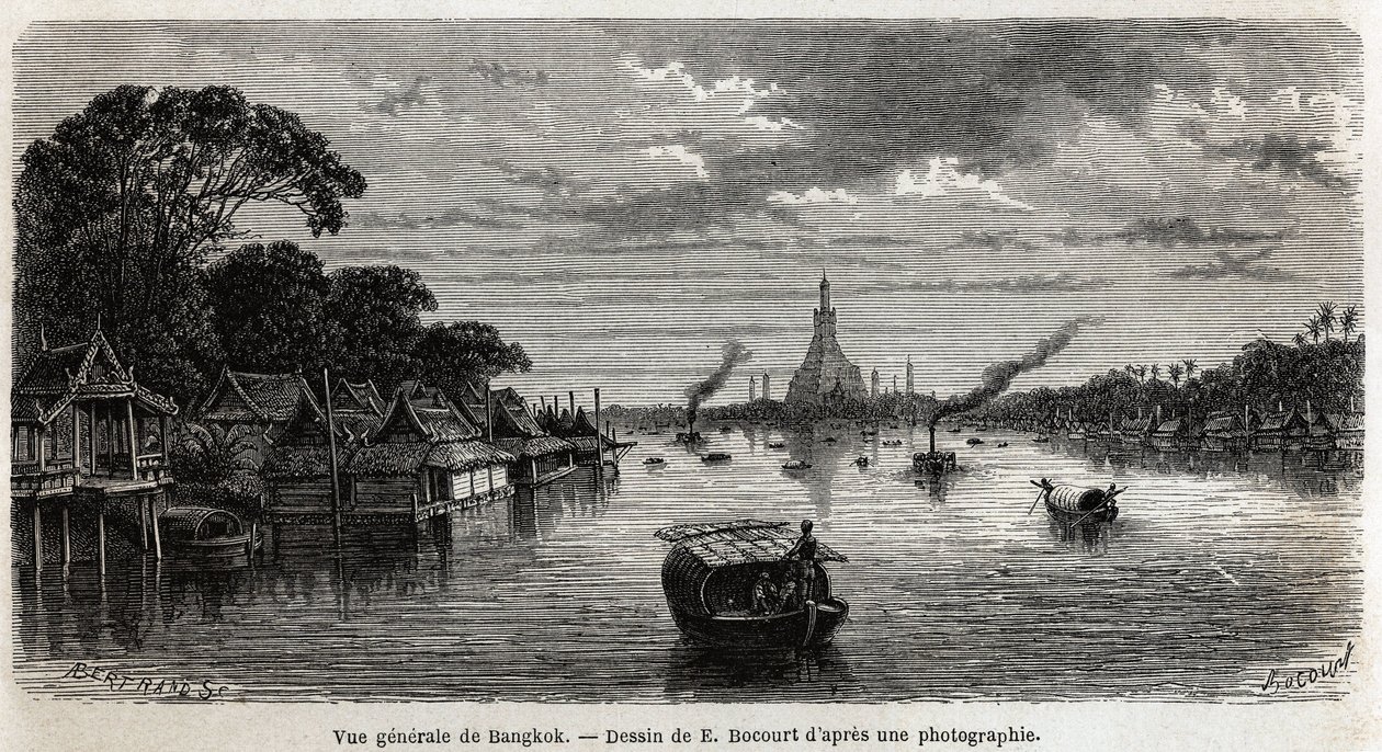 Gesamtansicht von Bangkok (Thailand), Zeichnung von E. Bocour, zur Illustration der Reise von Henri Mouhot zu den Königreichen Siam, Kambodscha und Laos von 1858 bis 1861. Gravur in „Le tour du monde“, herausgegeben von Edouard Charton von Etienne Gabriel Bocourt