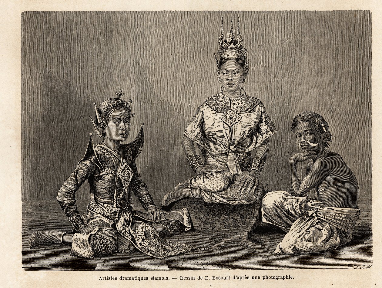 Siamesische dramatische Künstler, Zeichnung von E. Bocour, zur Illustration von Henri Mouhots Reise in die Königreiche Siam, Kambodscha und Laos von 1858 bis 1861. Gravur in „Le Tour du Monde“, herausgegeben von Edouard Charton von Etienne Gabriel Bocourt