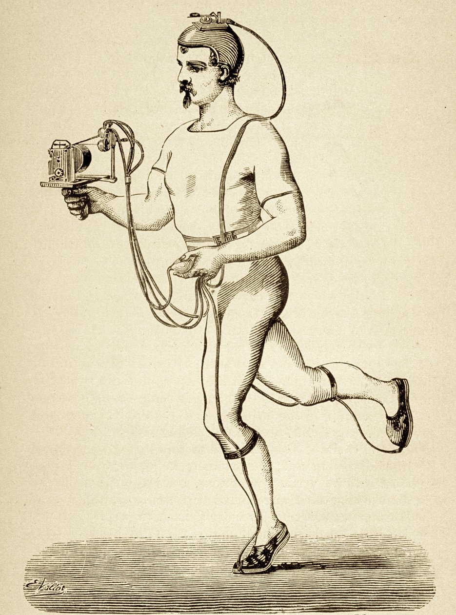 Läufer mit dem Apparat ausgestattet, der seine verschiedenen Schritte registrieren soll, aus Popular Science Monthly, veröffentlicht 1875 von Etienne Jules Marey