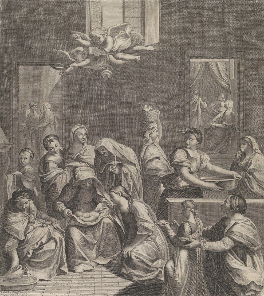 Die Geburt der Jungfrau, Frau sitzt mit einem Säugling im Schoß, umgeben von zahlreichen Frauen, 1677 von Etienne Picart