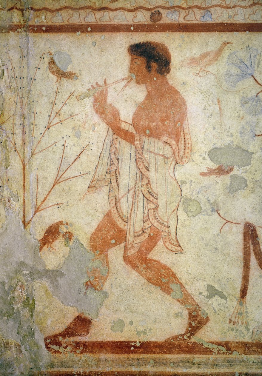 Musiker, der eine Doppelflöte spielt, aus dem Grab des Trikliniums, ca. 470 v. Chr. (Wandmalerei) von Etruscan