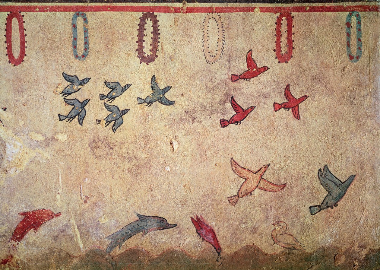 Wasservögel und springende Delfine, aus dem Grab der Jagd und Fischerei (um 520-510 v. Chr.) von Etruscan