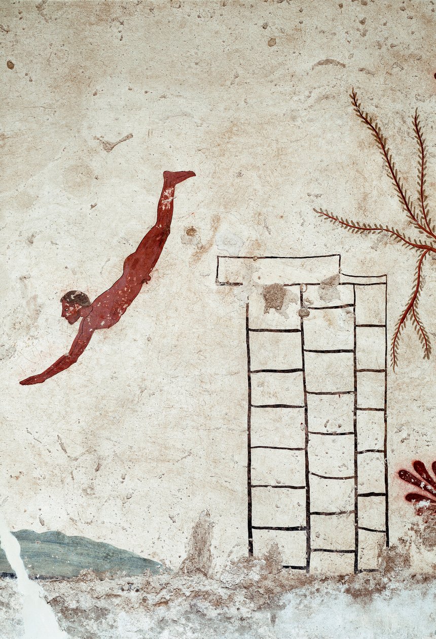 Etruskische Kunst: Ein junger Schwimmer taucht. Fresko des Grabes des „Tauchers“. (Detail) Aus dem südlichen Friedhof von Paestum. 480-470 v. Chr. Museo Archeologico Nazionale, Paestum von Etruscan
