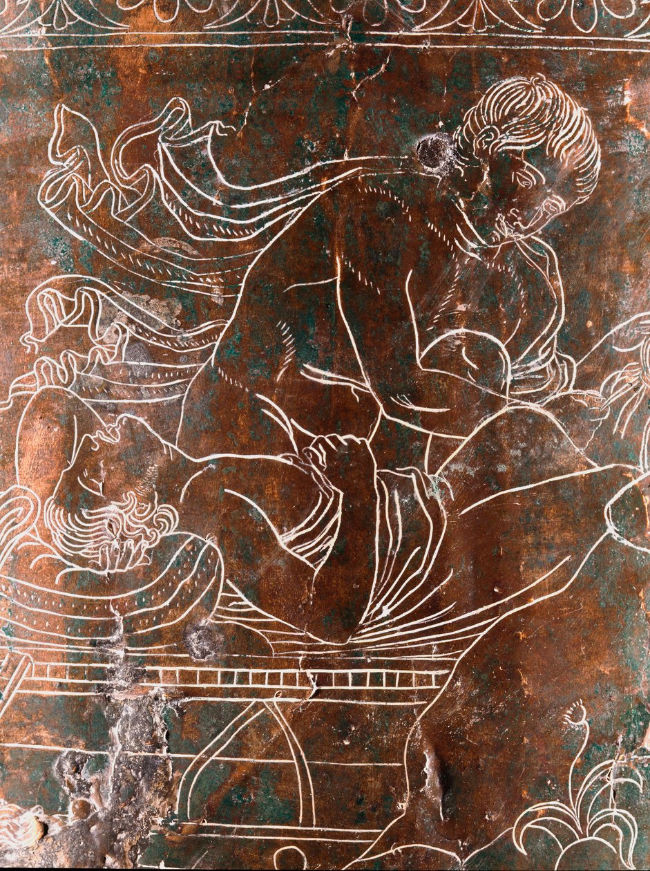 Etruskische Kunst: Detail des bronzenen Ficoroni Cistus, das die Legende der Argonauten darstellt: das Schiff von Argos. Aus Preneste (Palestrina). 340 v. Chr. Museo Nazionale di Villa Giulia, Rom von Etruscan