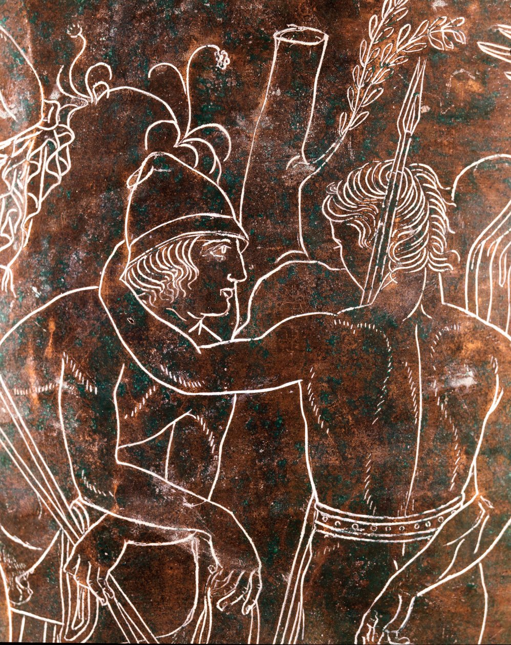 Etruskische Kunst: Detail des bronzenen Ficoroni-Cistus, das die Legende der Argonauten darstellt. Aus Preneste (Palestrina). 340 v. Chr. Museo Nazionale di Villa Giulia, Rom von Etruscan