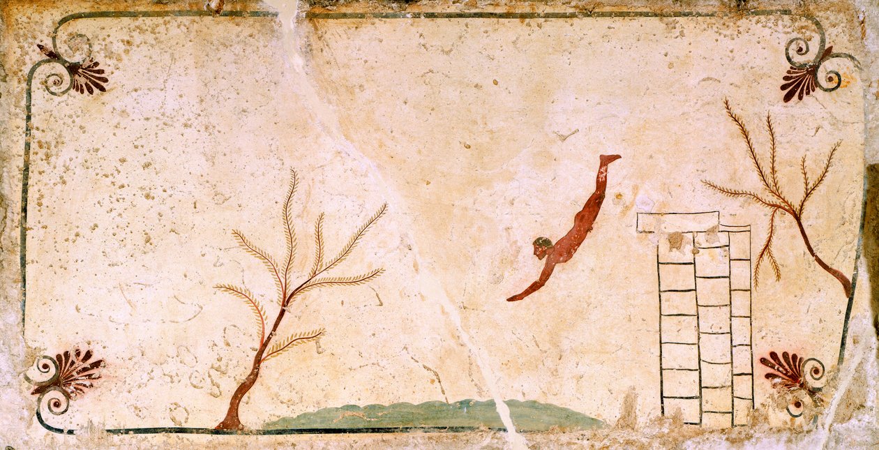 Taucher, ca. 480-490 v. Chr., dekoratives Fresko von der Deckplatte des Grabes des Tauchers in Paestum, Kampanien, Italien, 5. Jahrhundert v. Chr. von Etruscan