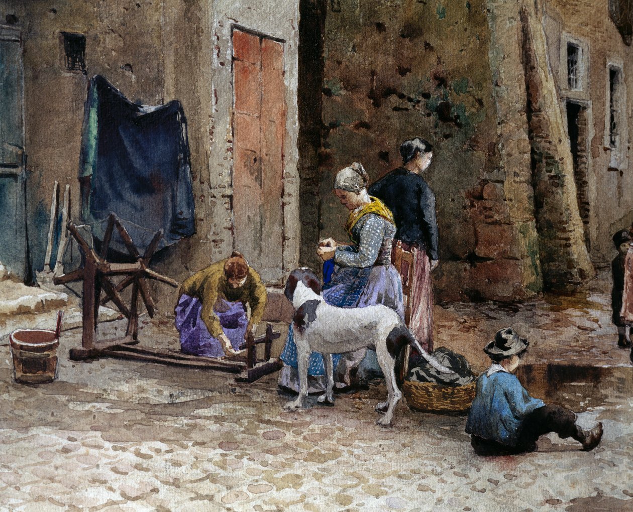 Frauen konzentrieren sich auf das Spinnen, Detail von alten Häusern in Lungaretta in Rom von Ettore Roesler Franz
