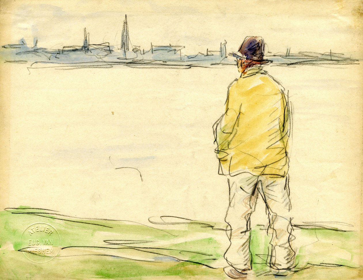 Mann, der auf die Uferpromenade von Antwerpen schaut von Eugeen van Mieghem