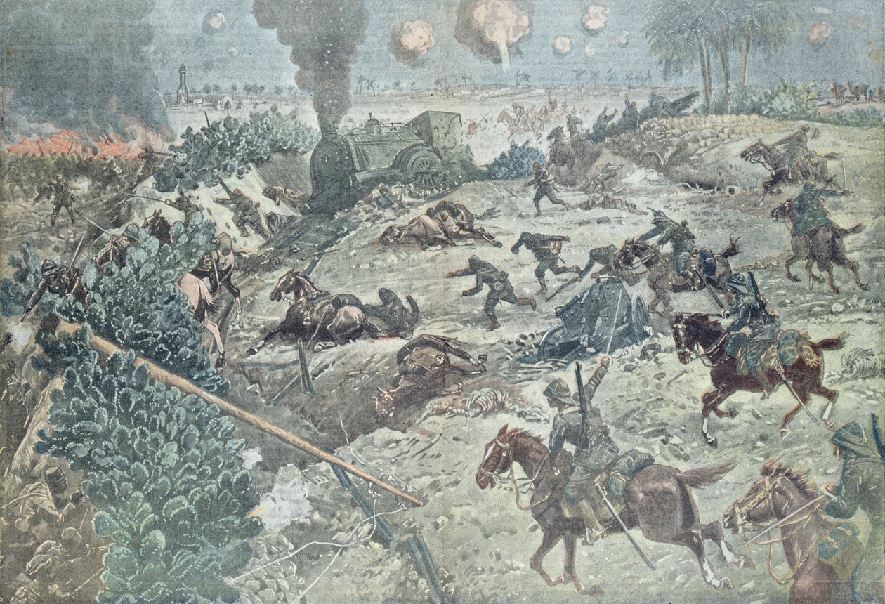 Britische Kavallerie schneidet eine Eisenbahnlinie in einem Kampf mit türkischen Truppen in Palästina, Illustration aus der Zeitschrift 