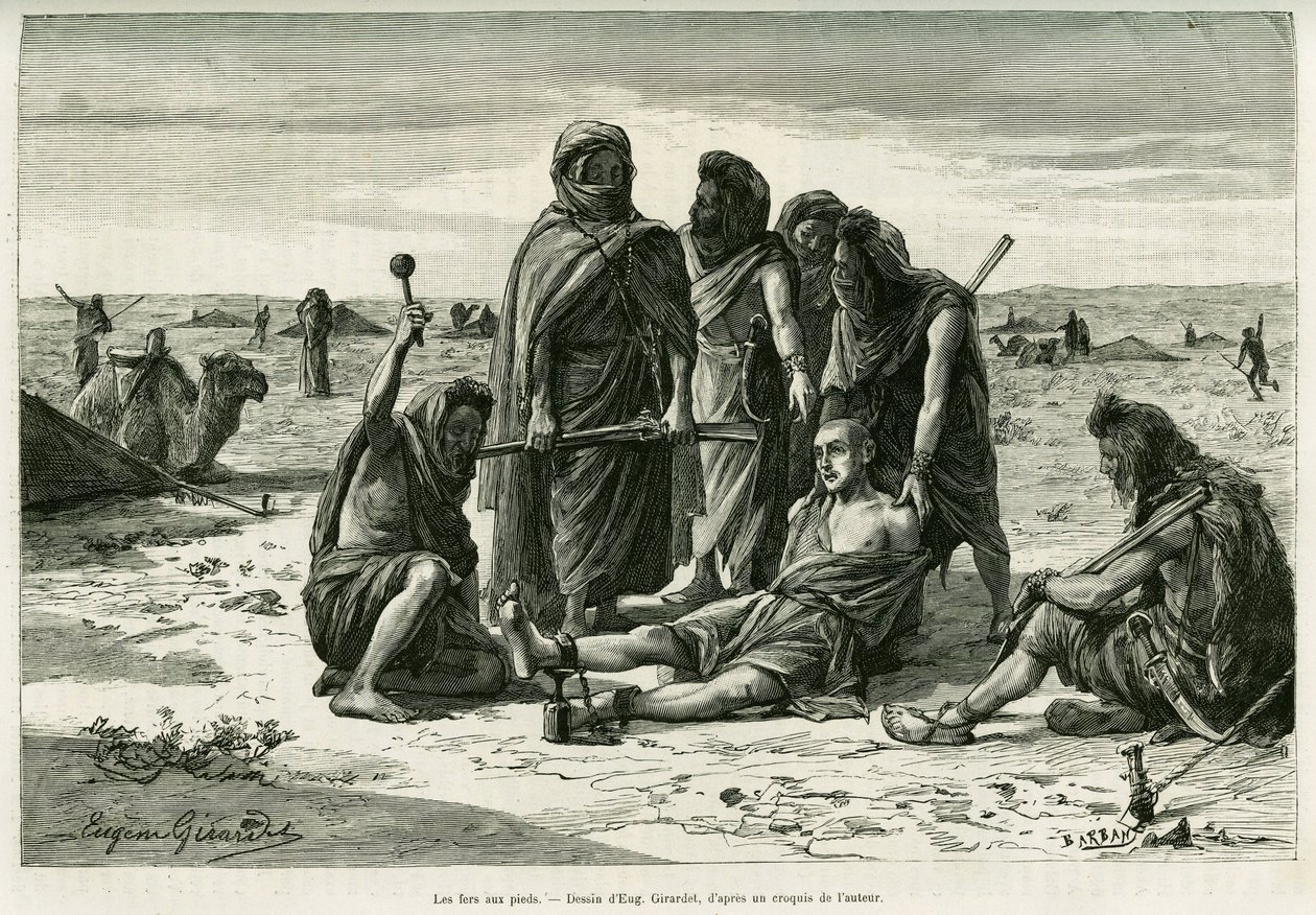 Die Eisen an den Füßen. Gravur von Eugene Girardet zur Illustration der Geschichte „Fünf Monate bei den nomadischen Mauren der westlichen Sahara“ von Camille Douls, veröffentlicht in Le Tour du monde 1888 von Eugene Alexis Girardet