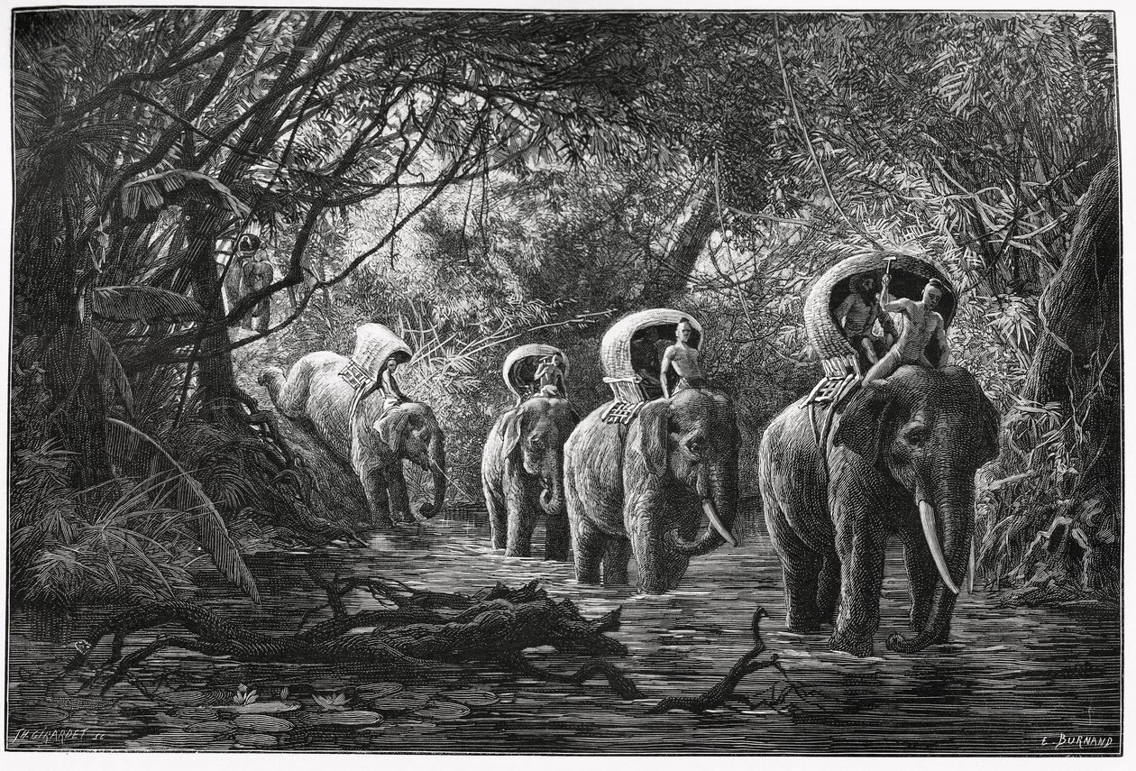 Auf dem Weg in den Wald, die Expedition reist auf dem Rücken eines Elefanten. Gravur von Eugene Burnand zur Illustration der Geschichte "Reise in Oberlaos", 1880, von Dr. P. Neis. Veröffentlicht in Le Tour du Monde, nouveau journal des voyages, 2. Semester von Eugene Burnand