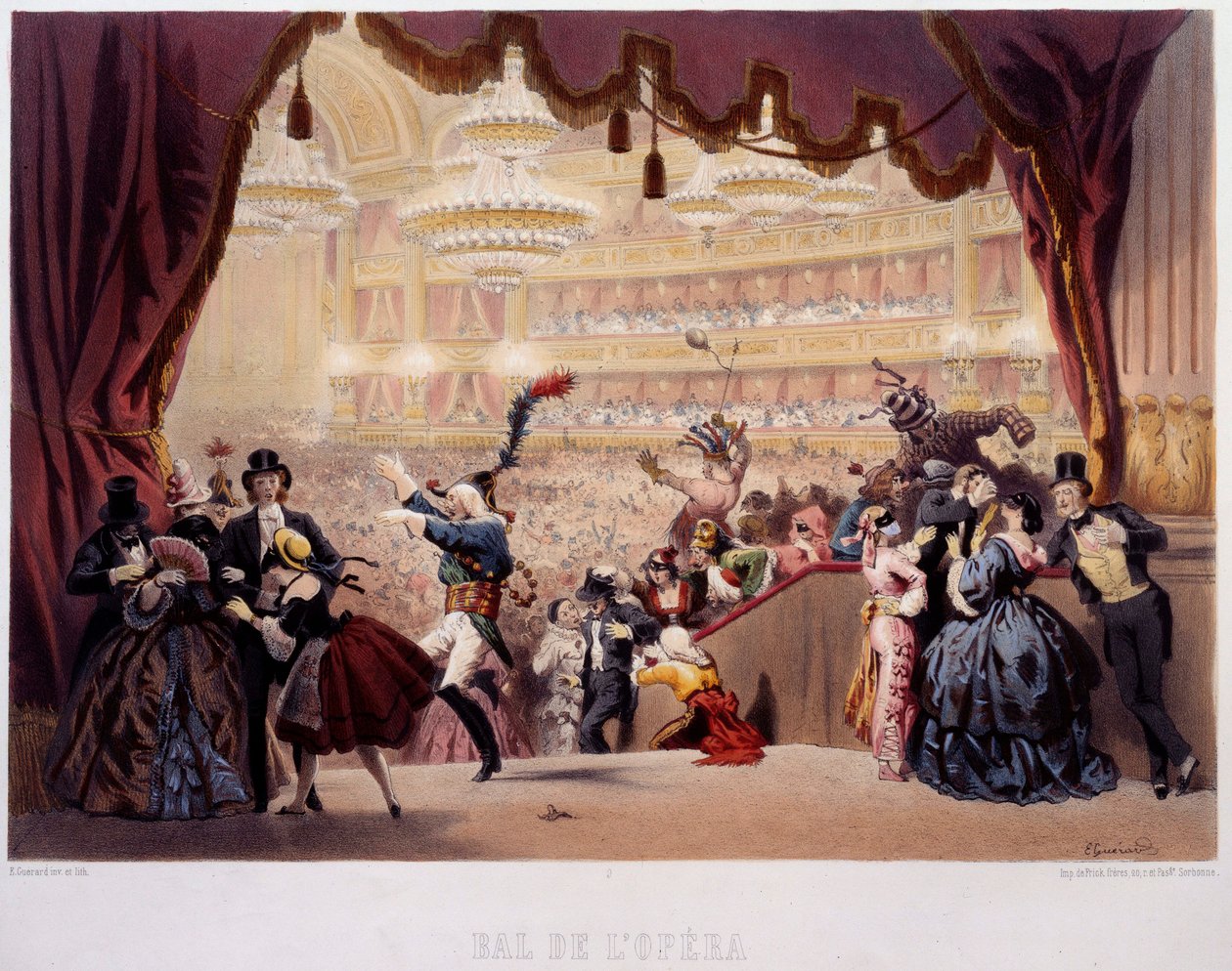 Der Maskenball der Oper de la Rue Le Peletier in Paris. Dieser Ball wurde Grand Veglione genannt. Lithographie von Eugene von Guerard (1811-1901) 19. Jahrhundert von Eugene Charles Francois Guerard