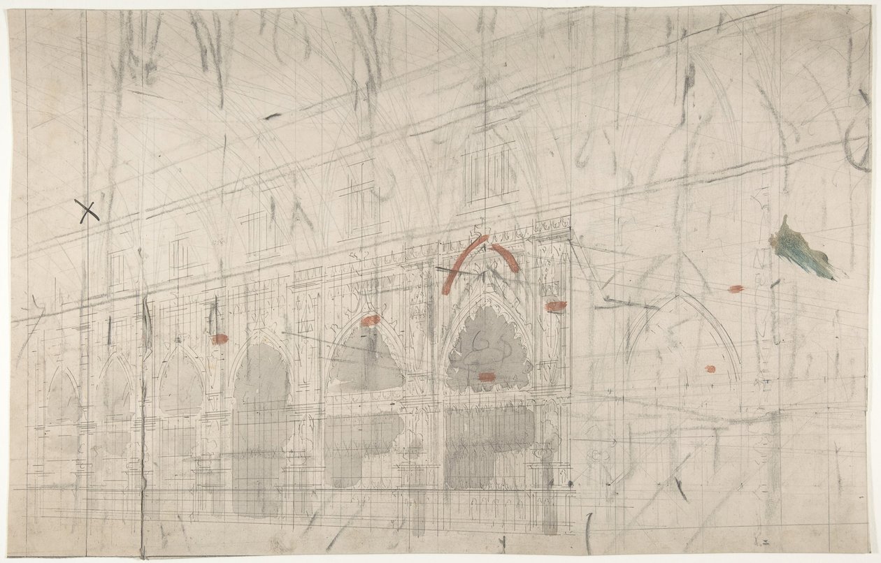 Entwurf für ein Bühnenbild an der Opéra, Paris: Kircheninnenraum, 1830-90 von Eugene Ciceri