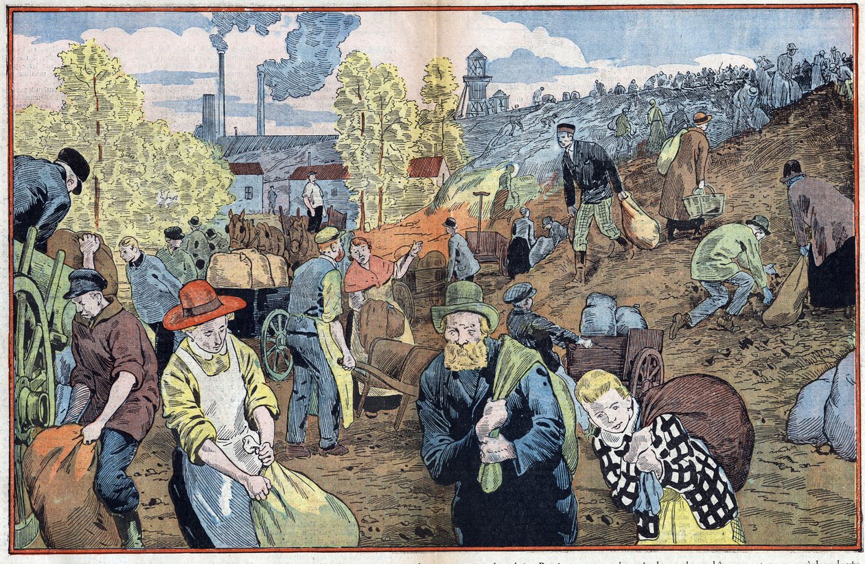 Jäger suchen nach Kohlenstücken unter den aus den Minen gewonnenen Steinen, um sich im Winter zu heizen. Ruhrgebiet, Deutschland. Illustration von Damblans. In „Le Pelerin“ vom 4. Oktober. von Eugene Damblans