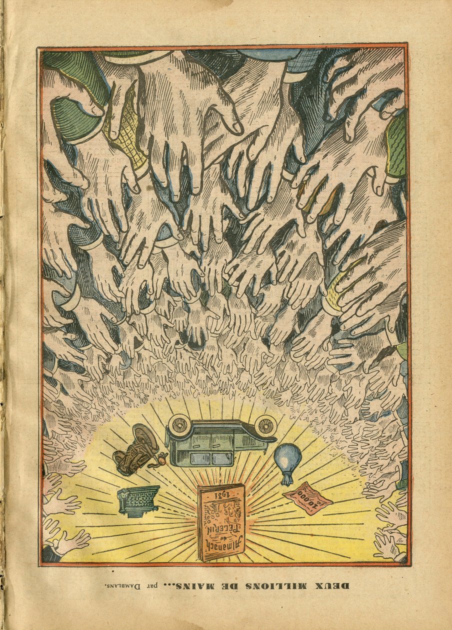 Illustration von Eugene Damblans (1865-1945) in Le Pelerin, 28/09/30 - Zwei Millionen Hände - Presse/Medien, Automobil, Religion Glaube, Pelerin (Almanach), Katholizismus - Haupt von Eugene Damblans