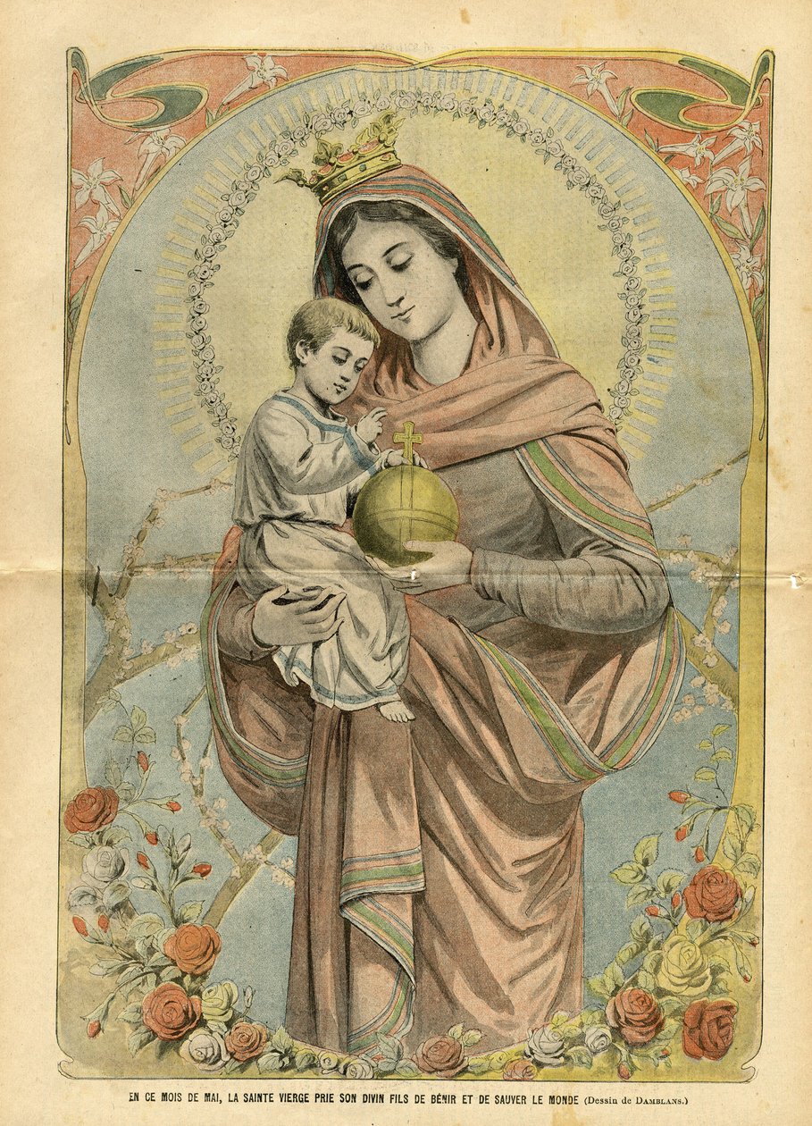 Illustration von Eugene Damblans (1865-1945) in Le Pelerin, 01/05/04 - Im Monat Mai betet die selige Jungfrau zu ihrem göttlichen Sohn, die Welt zu segnen und zu retten von Eugene Damblans