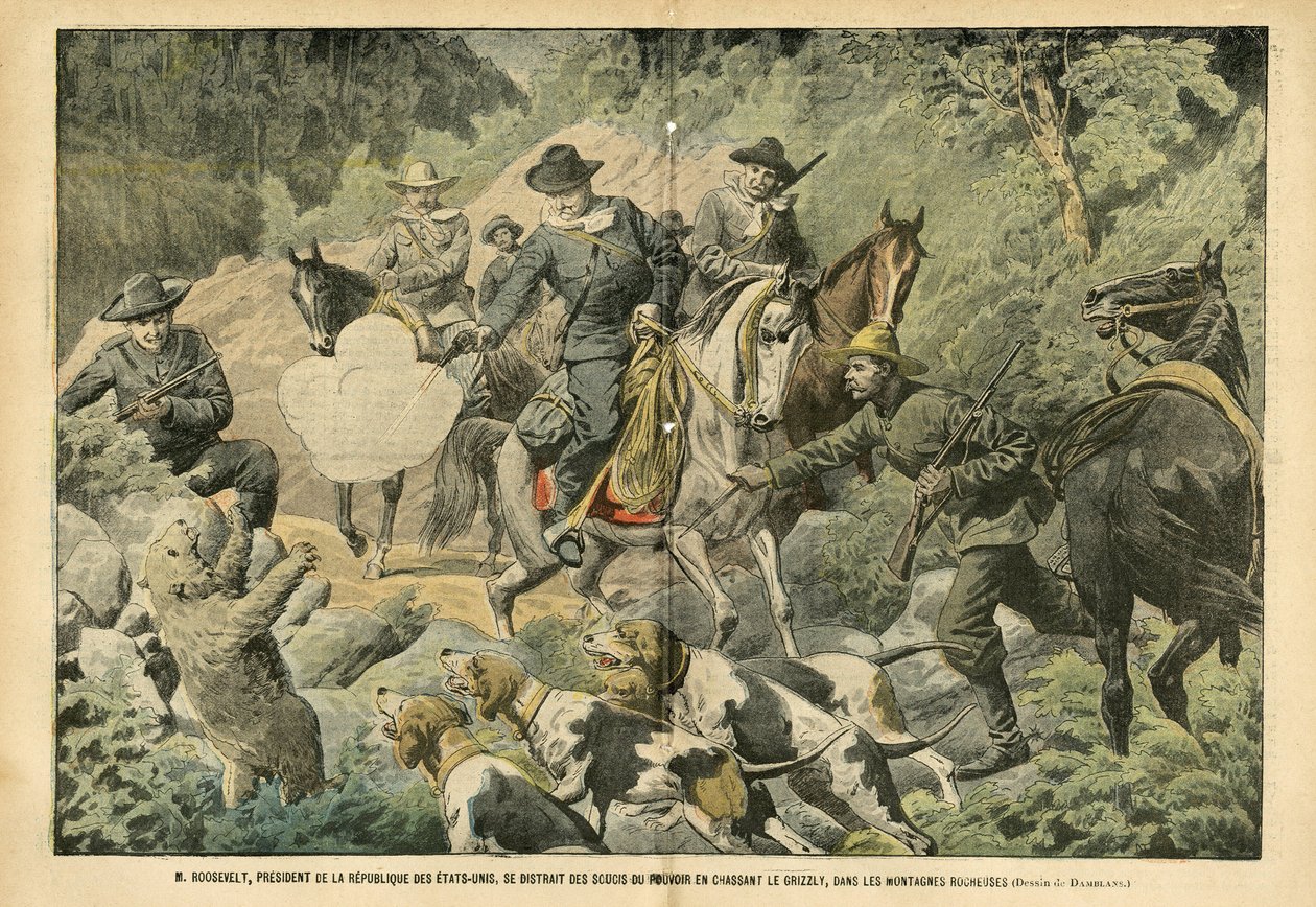 Illustration von Eugene Damblans (1865-1945) in Le Pelerin, 02/07/05 - Roosevelt, Präsident der Vereinigten Staaten, abgelenkt von den Sorgen der Macht durch die Jagd auf Grizzlybären in den Rocky Mountains - Amerika USA, Jagd USA, Rocky Mountains - Hund,  von Eugene Damblans