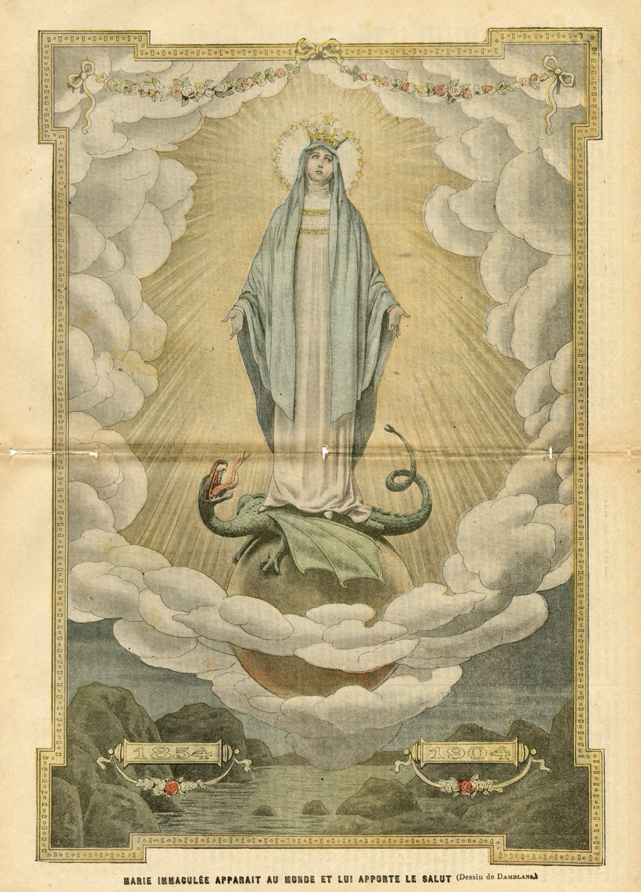 Illustration von Eugene Damblans (1865-1945) in Le Pelerin, 04/12/04 - Maria Immaculée erscheint der Welt und bringt ihr Heil - Religion Glaube, Katholisch Katholizismus - Unbefleckte Empfängnis - Maria, Drache - Wolken - Erde von Eugene Damblans