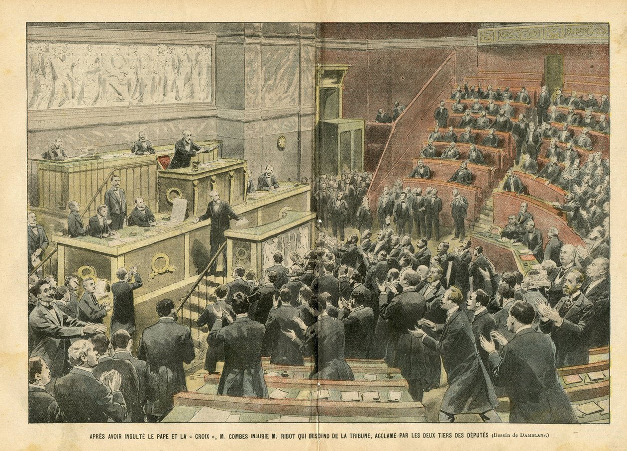Illustration von Eugene Damblans (1865-1945) in Le Pelerin, 06/11/04 - Nach der Beleidigung des Papstes und des Kreuzes beleidigte M. Combes M. Ribot, der vom Podium abstieg und von zwei Dritteln der Abgeordneten bejubelt wurde von Eugene Damblans