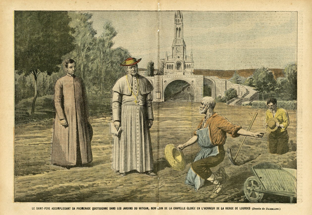 Illustration von Eugene Damblans (1865-1945) in Le Pelerin, 20/08/05 - Der Heilige Vater bei seinem täglichen Spaziergang in den Gärten des Vatikans, nicht weit von der Kapelle, die zu Ehren der Jungfrau von Lourdes errichtet wurde - Religion Glaube, Landw von Eugene Damblans