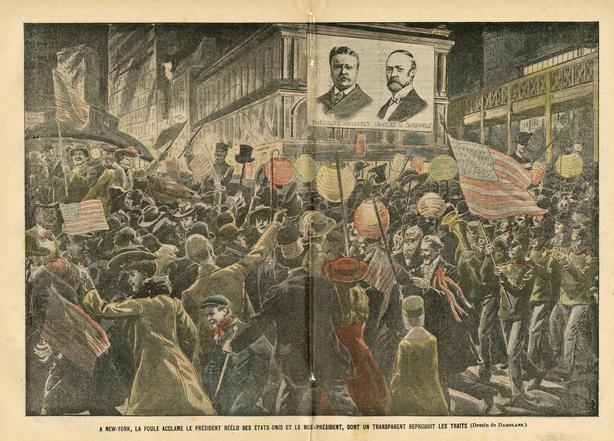 Illustration von Eugene Damblans (1865-1945) in Le Pelerin, 20/11/04 - In New York jubelt die Menge dem wiedergewählten Präsidenten der Vereinigten Staaten und dem Vizepräsidenten zu von Eugene Damblans