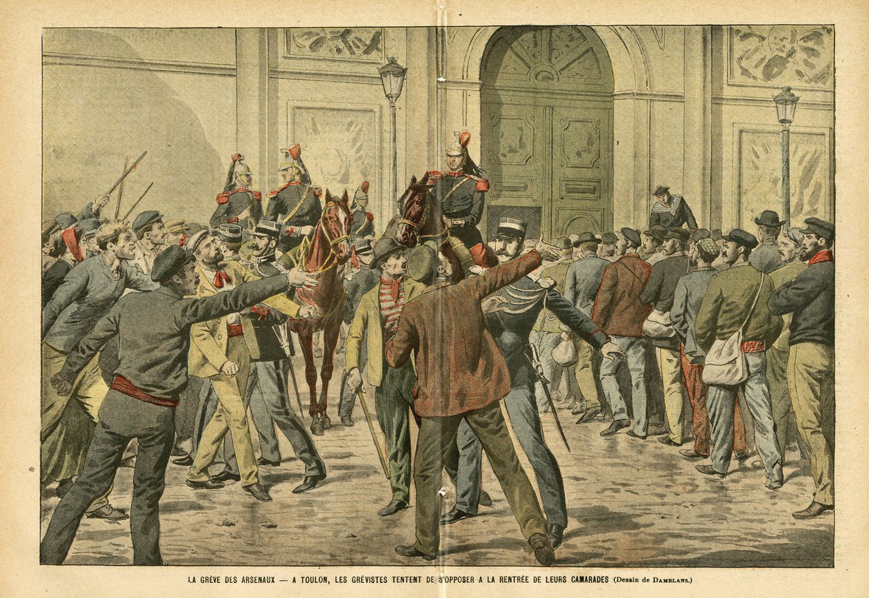 Illustration von Eugene Damblans (1865-1945) in Le Pelerin, 26/11/05 - Der Streik der Arsenale in Toulon, die Streikenden versuchen, die Miete ihrer Kameraden zu verhindern von Eugene Damblans