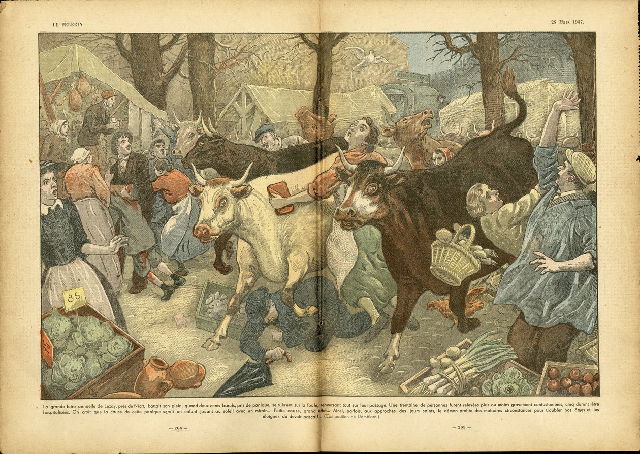Illustration von Eugene Damblans (1865-1945) in Le Pelerin, 28/03/37 - Die große jährliche Messe von Lezay bei Niort - Verschiedene Fakten, Wirtschaft, Menge, Geschäfte, Landwirtschaft, Gemüse - Kuh, Rind, Wanderverkäufer von Eugene Damblans