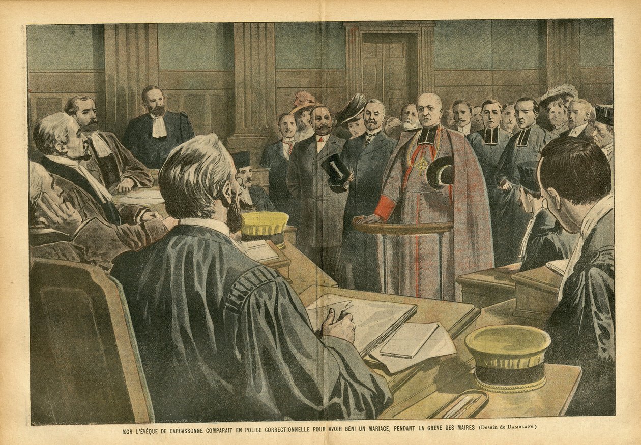 Illustration von Eugene Damblans (1865-1945) in Le Pelerin, 28/07/07 - MGR Carcassonnes Bischof vor dem Korrektionsgericht, weil er eine Ehe gesegnet hat, während des Streiks der Bürgermeister - Justiz Prozess, Religion Glaube, Ehe, Carcassonne, Katholizis von Eugene Damblans