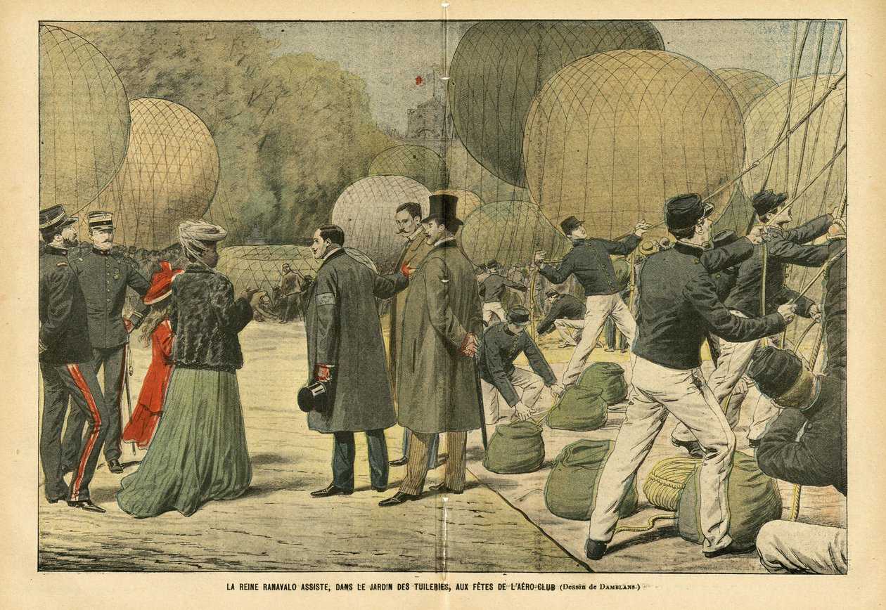 Illustration von Eugene Damblans (1865-1945) in Le Pelerin, 29/10/05 - Königin Ranavalo nimmt im Tuileriengarten an der Aero-Club-Party teil - Ballons Luftschiffe Zeppeline Aerostation, Paris, Madagaskar, Öffentlicher Garten, Ausländische Souveräne, Tuiler von Eugene Damblans