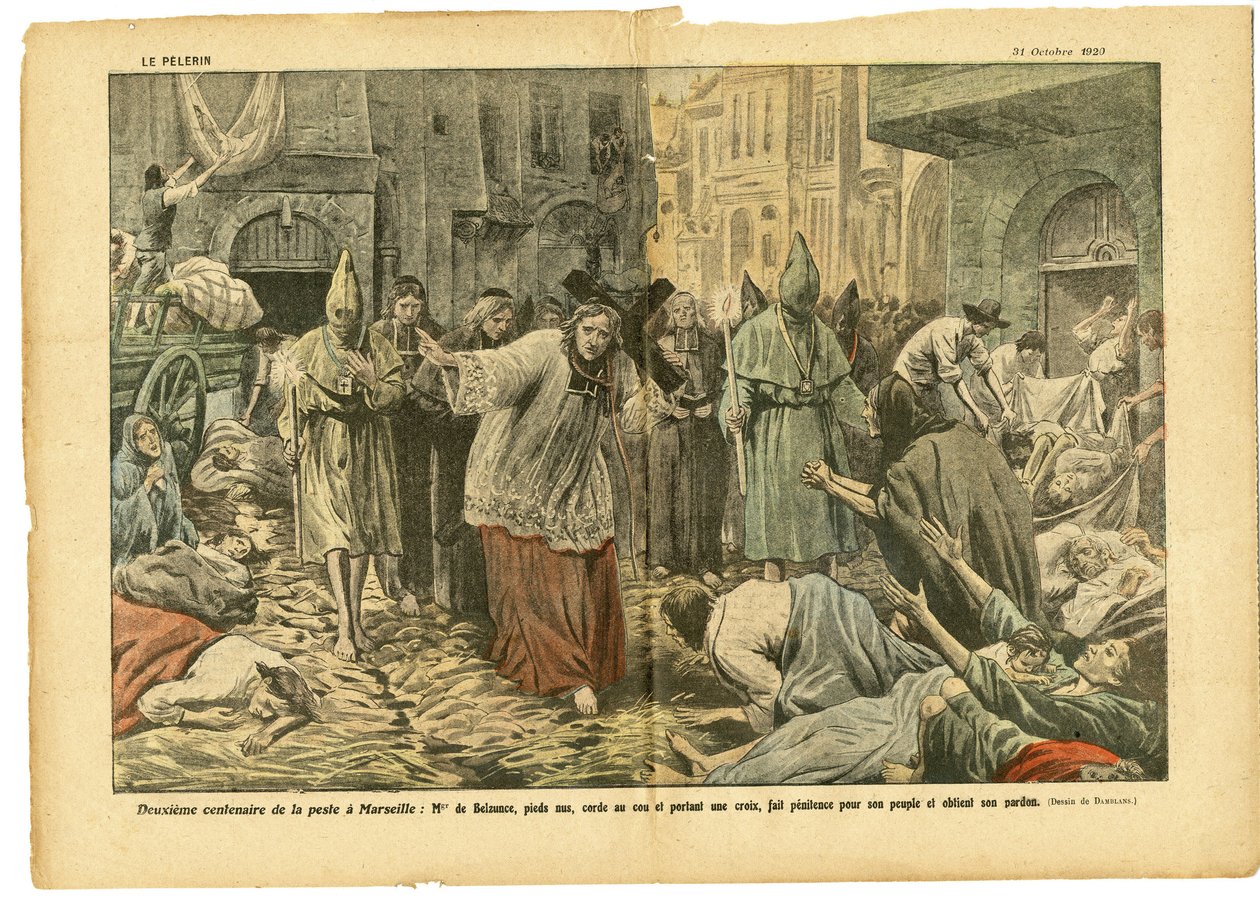 Illustration von Eugene Damblans (1865-1945) in Le Pelerin, 31/10/20 - Zweites Jahrhundert der Pest in Marseille - Medizin, Religion Glaube, Marseille, Pest, Katholisch Katholizismus - Prozession von Eugene Damblans