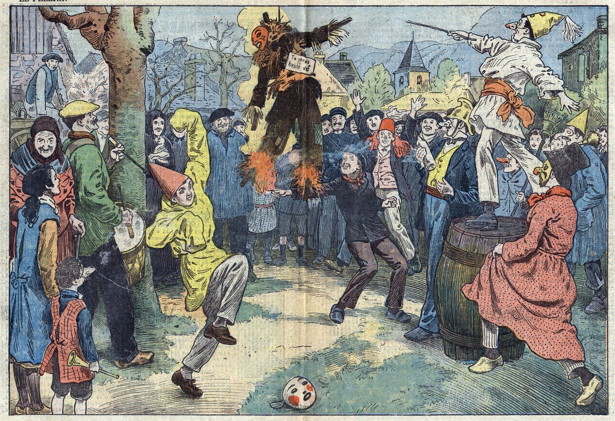 Alte Bräuche: die Verbrennung des „Karnevals“ am Abend des Faschingsdienstags (Mardi-Gras) symbolisiert die Freuden und guten Dinge, die an der Schwelle der Fastenzeit aufgegeben werden. Illustration von Damblans. In „Le Pelerin“ vom 16. März. von Eugene Damblans