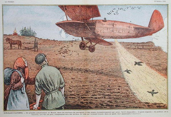Saatgut aus einem Flugzeug in Sowjetrussland, Illustration für die Zeitschrift 