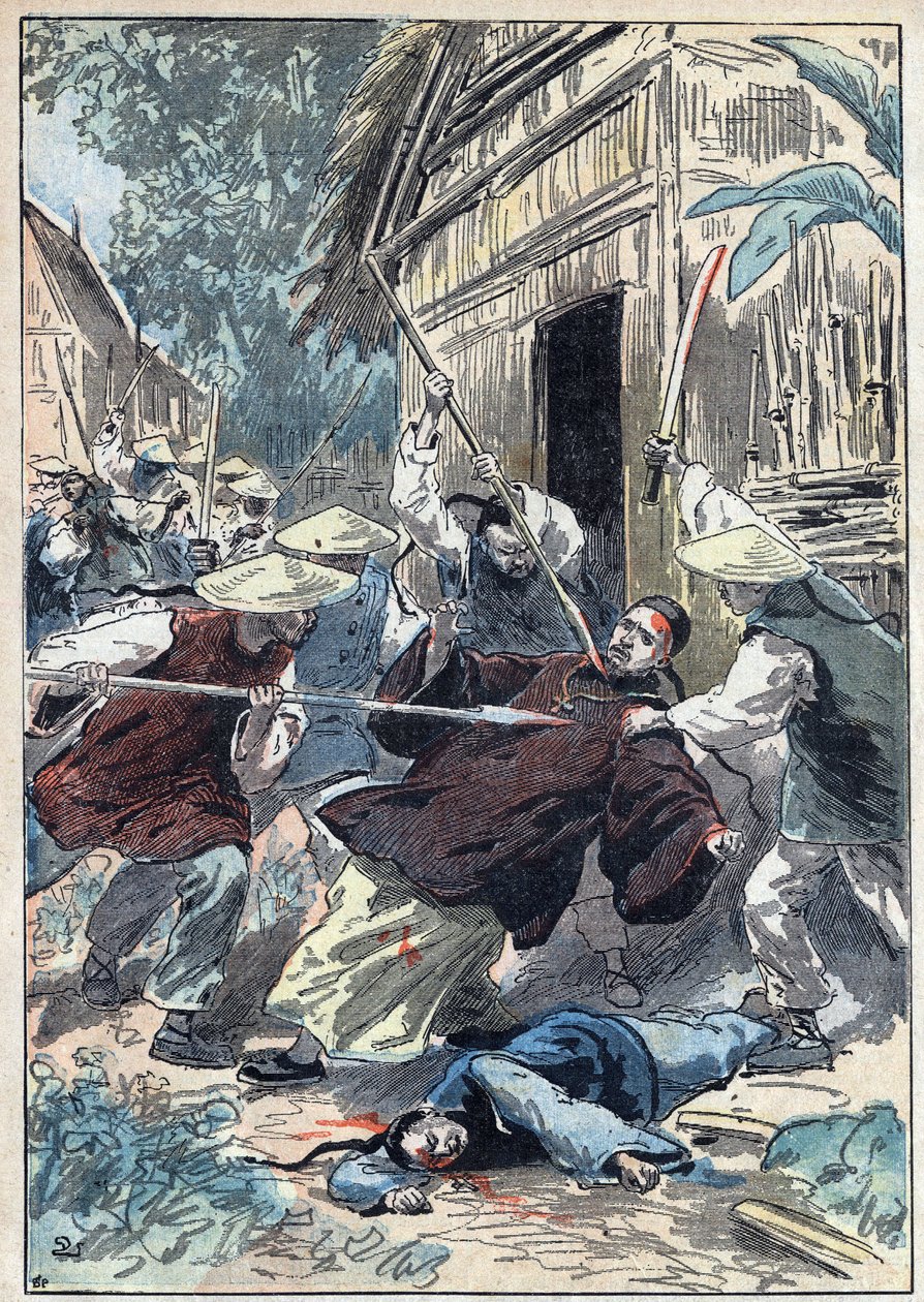 Der französische Priester Berthollet, Priester der Auslandsmissionen, wurde von chinesischen Nationalgardisten in der Nähe der Stadt Yun Ngan Cheou am 21. April 1898 ermordet. Illustration von Damblans in „Le Pelerin“ vom 10. Juli von Eugene Damblans
