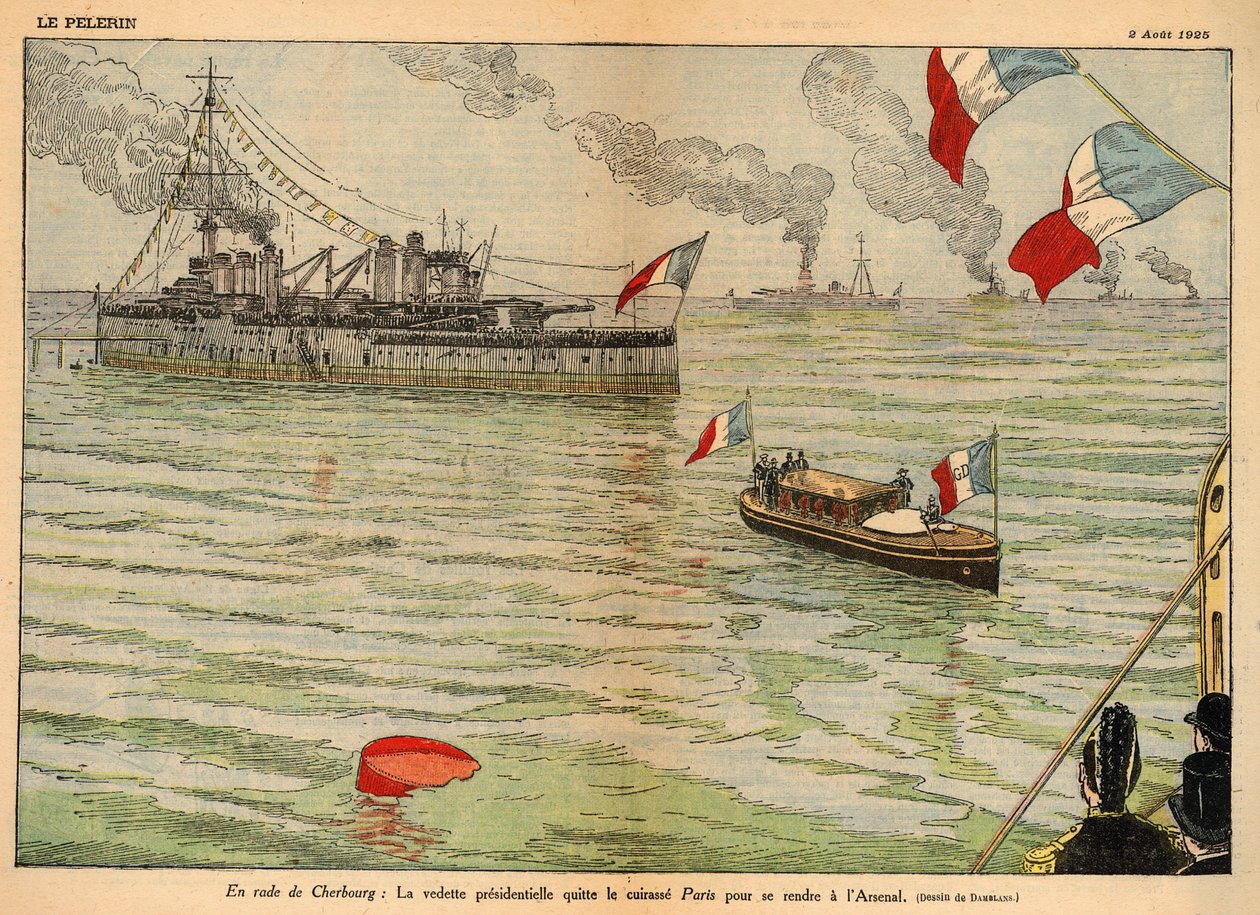 Der Präsidentenstandard, Cherbourg Hafen, Doppelseite in „Le Pèlerin“ 2. August 1925 (Lithographie) von Eugene Damblans