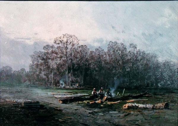 Nebelige Landschaft mit Holzfällern von Eugene Deshayes