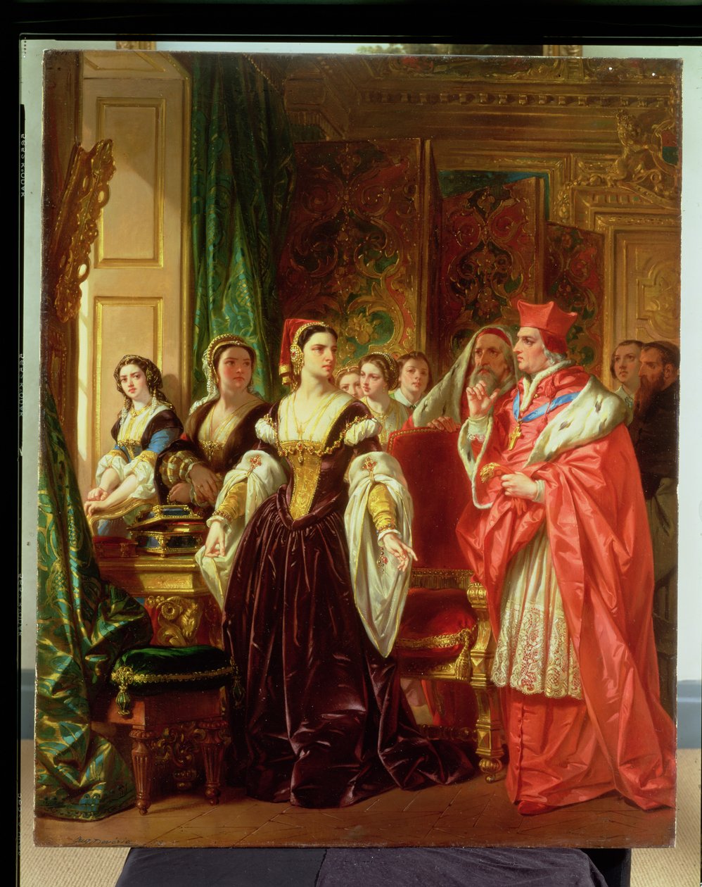 Eine Szene aus Shakespeares Heinrich VIII; Kardinal Wolsey und Katharina von Aragon, 1858 von Eugene Deveria