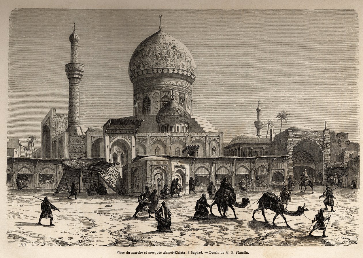 Der Marktplatz und die Ahmet-Khiaia-Moschee in Bagdad, Zeichnung von Eugene Flandin (1809-1876), Illustration seiner Reise nach Mesopotamien 1840-1842. Gravur in „Le tour du monde“ 1861. Selvas Sammlung von Eugene Flandin