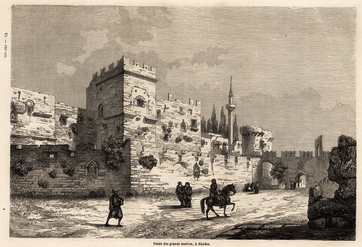 Der Palast der Großmeister in Rhodos, Zeichnung von Eugene Flandin, zur Illustration seiner Reise zur Insel Rhodos im Jahr 1844. Gravur in „Le tour du monde“, herausgegeben von Edouard Charton von Eugene Flandin