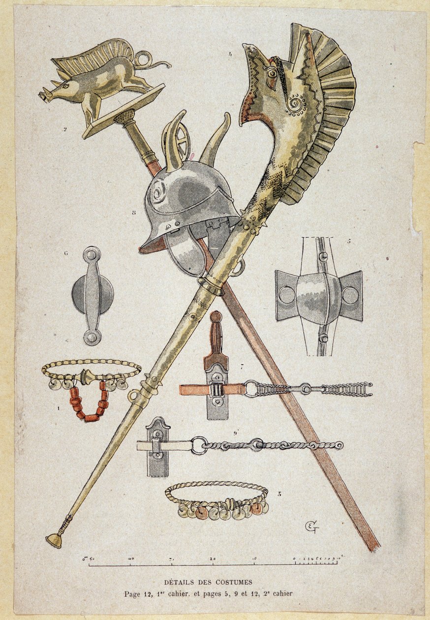 Zubehör des gallischen Kriegers: Banner, das einen Saglier schmückt, der Helm und das Kriegshorn (Carnyx) - in „Illustrierte Lehrhefte, Kriegskostüme der Bronzezeit und der gallischen Zeit“, ed. Grasset von Eugene Grasset