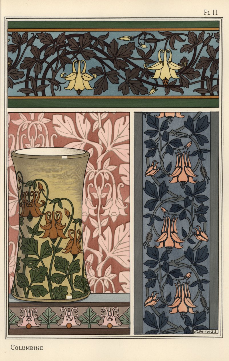 Akeleiblume, Aquilegia vulgaris, in Mustern für Tapeten, Stoffe und Vasen von Eugene Grasset