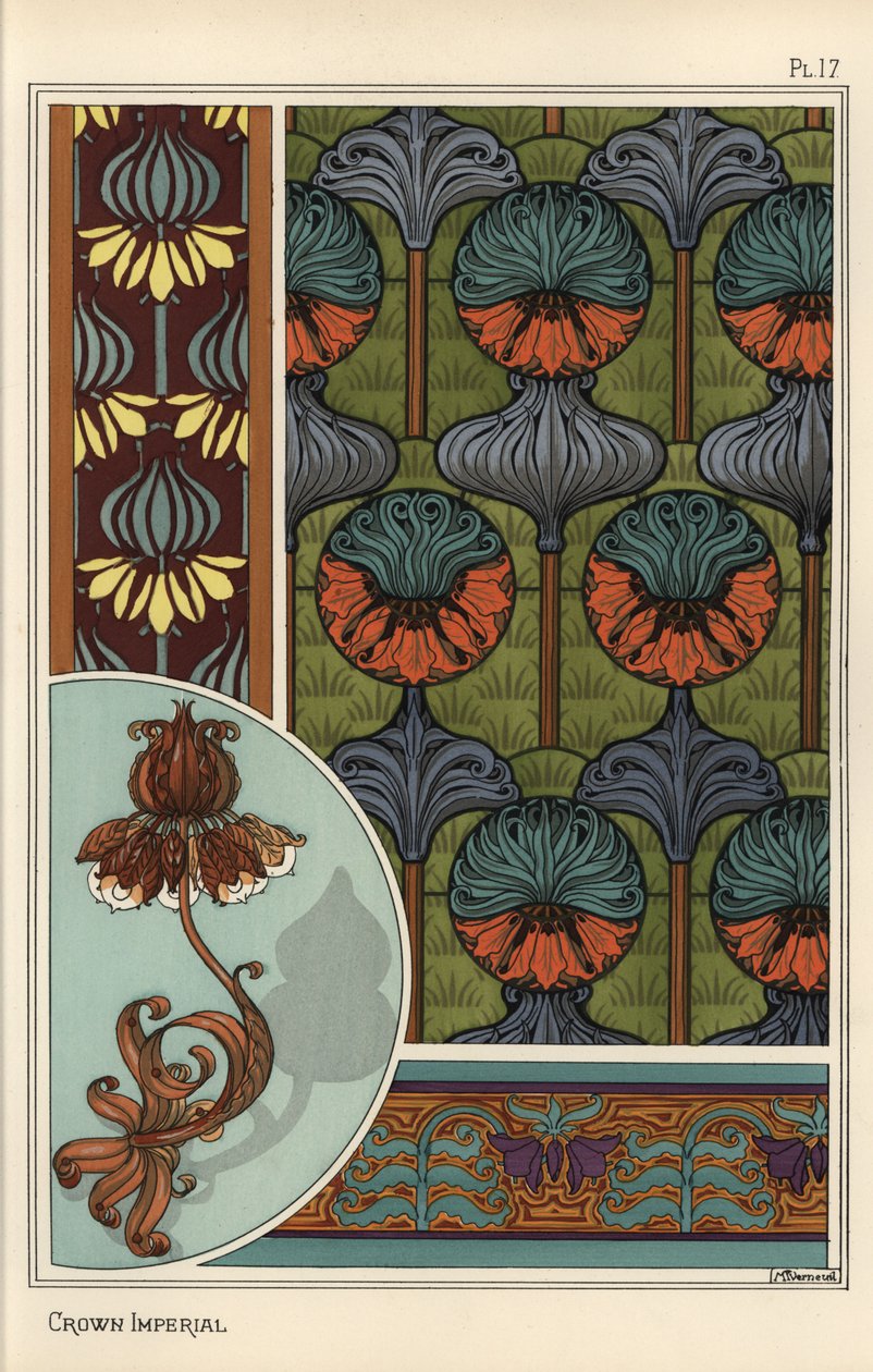 Kaiserkrone, Fritillaria imperialis, in Tapeten- und Stoffmustern und als Design für eine Schmiedeeisenlampe von Eugene Grasset