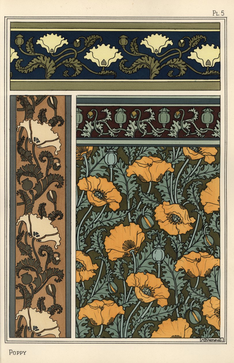 Der Mohn, Papaver somniferum, in Tapeten- und Stoffmustern von Eugene Grasset