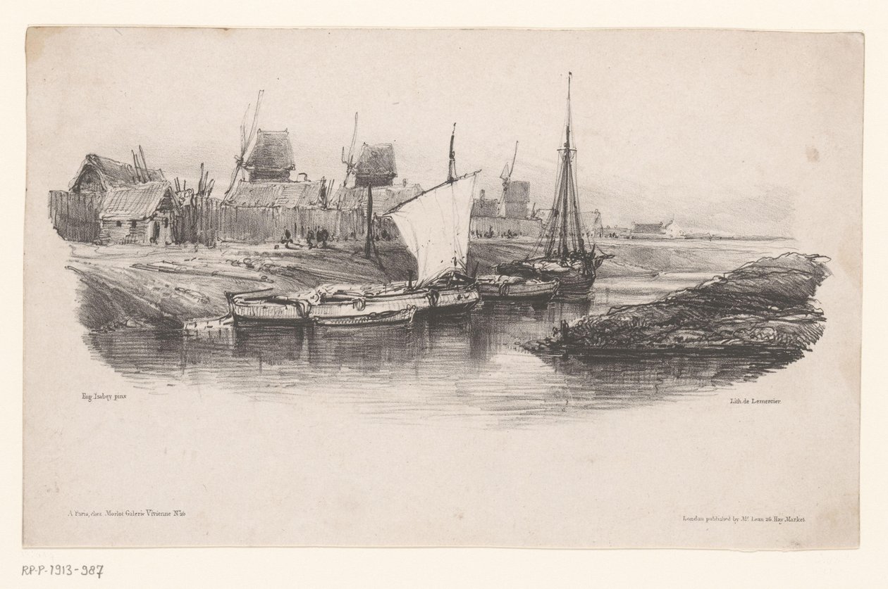 Hafen mit Booten und Windmühlen von Eugene Isabey