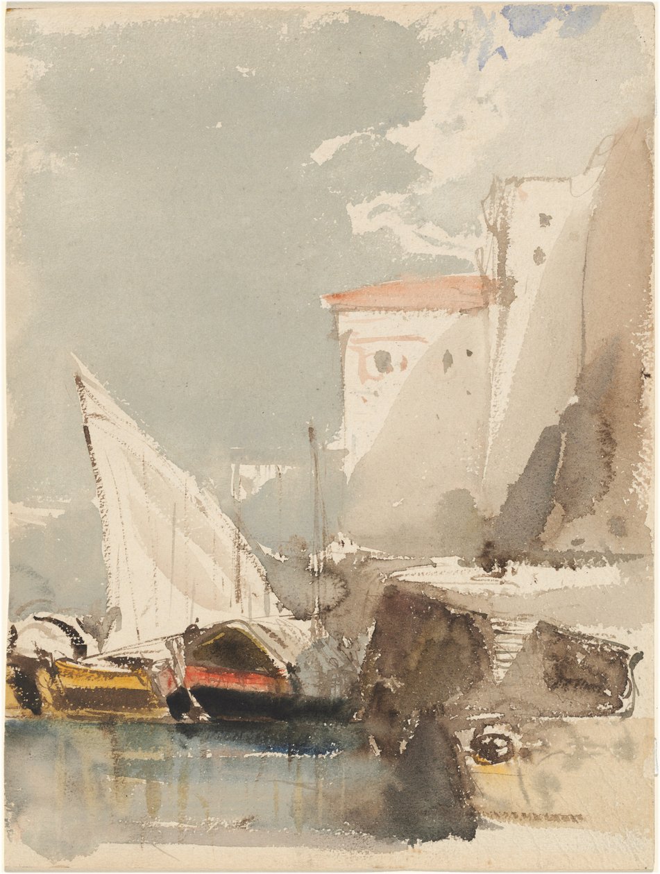 Segelboote in einem sonnenbeschienenen Hafen (recto) von Eugene Isabey