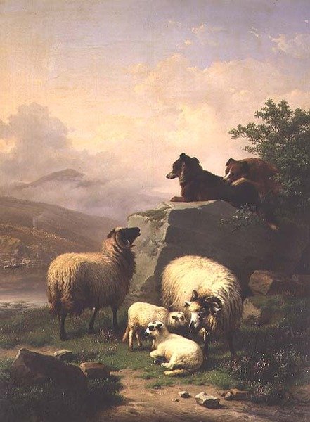 Schafe und Lämmer mit zwei Hunden in einer Flusslandschaft von Eugene Joseph Verboeckhoven