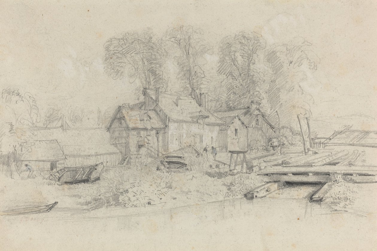 Flusslandschaft mit Gebäuden, Booten und Figuren, ca. 1858 von Eugene Louis Boudin
