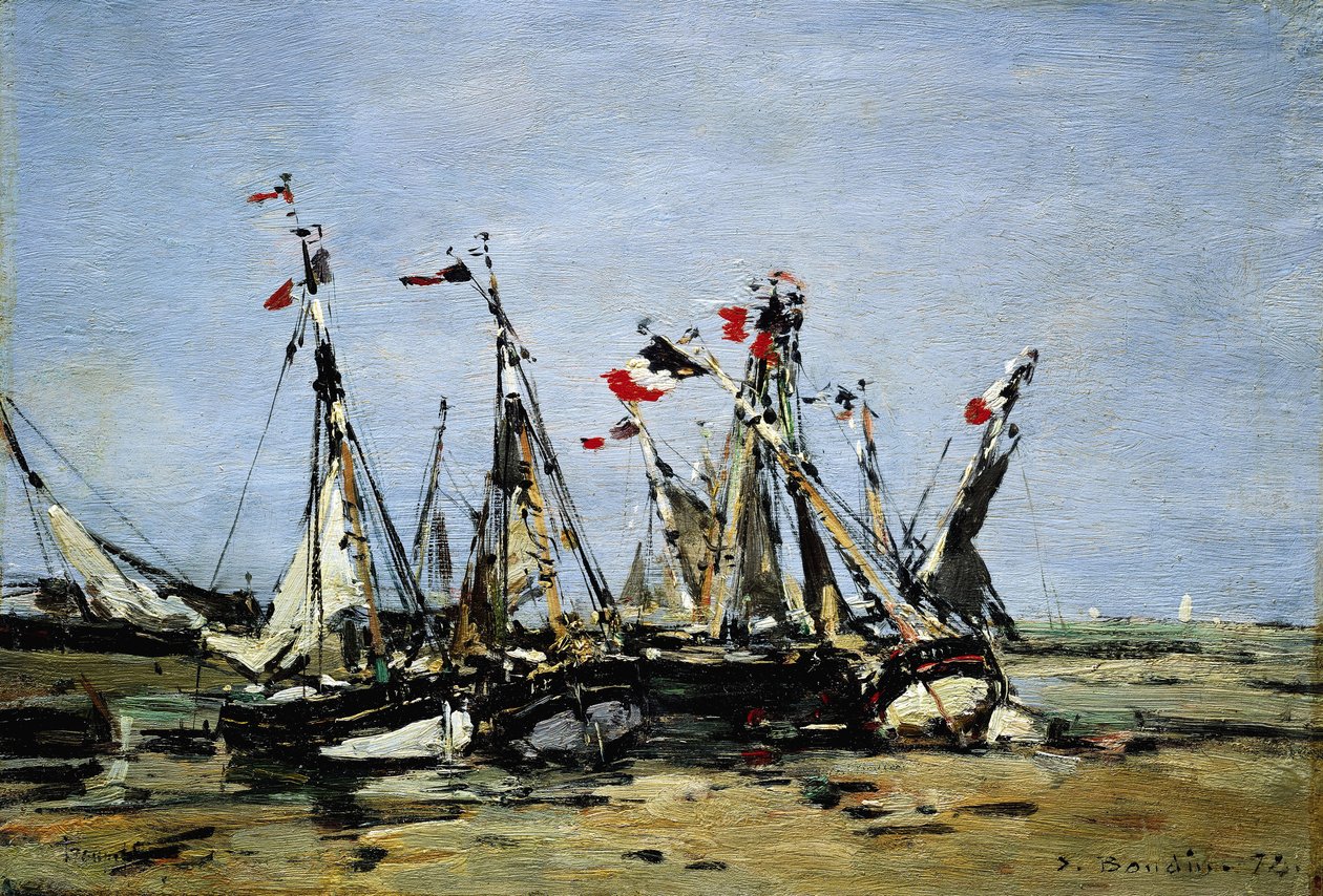 Trouville (Frankreich), warten auf die Flut, Fischerboote am Strand, geschmückt mit französischen Flaggen, zur Erinnerung an die Französische Revolution von 1789 von Eugene Louis Boudin